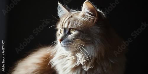 An elegant long-haired cat sat quietly in the shadow, with soft hair and gentle eyes.