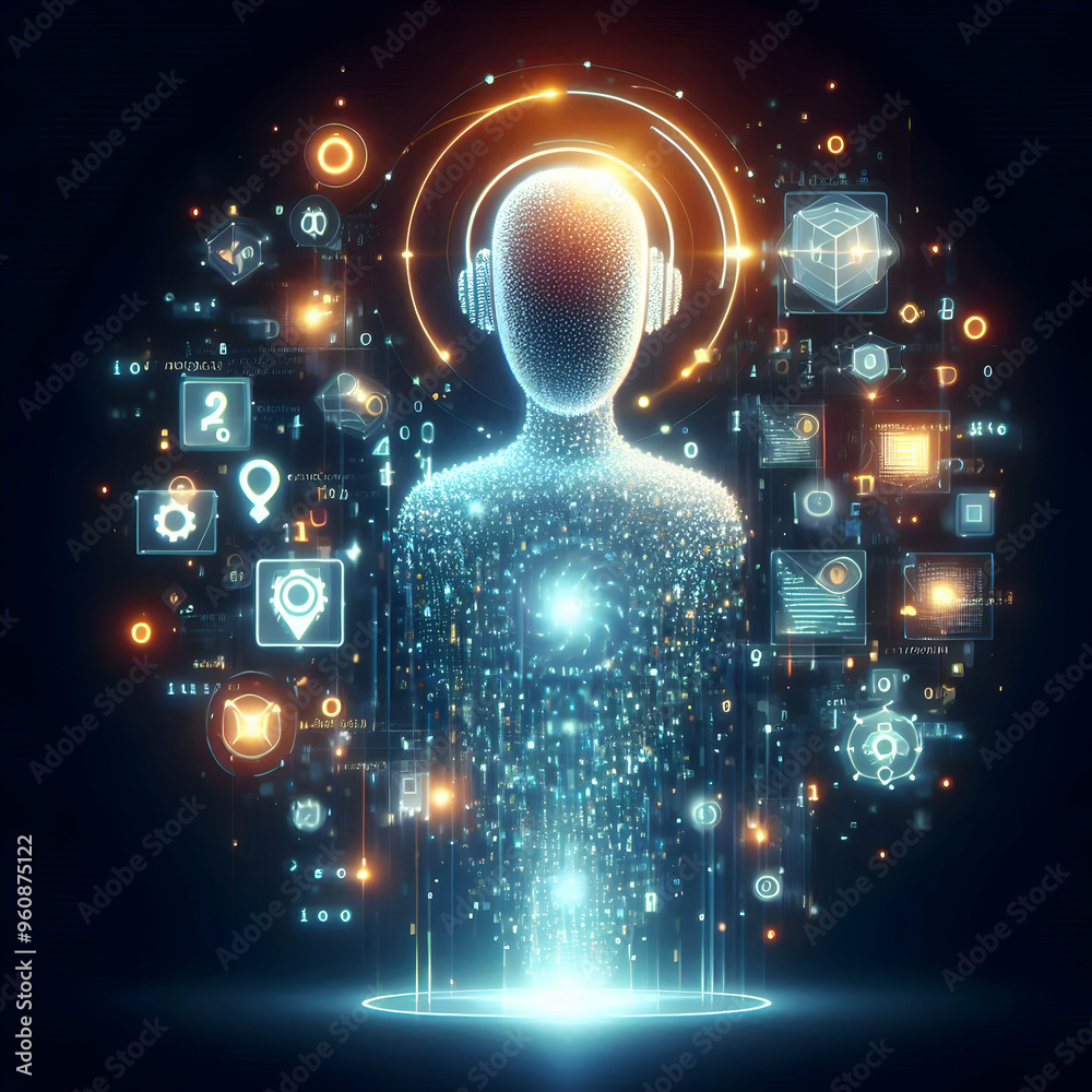 Flat Glowing Abstract AI Robot with Floating Code Symbols Concept in Vector Illustration for Smart Business - Fusion of Technology and Artificial Intelligence in Digital Art Flat Glowing Abstract AI Robot with Floating Code Symbols Concept in Vector Illustration for Smart Business - Fusion of Technology and Artificial Intelligence in Digital Art