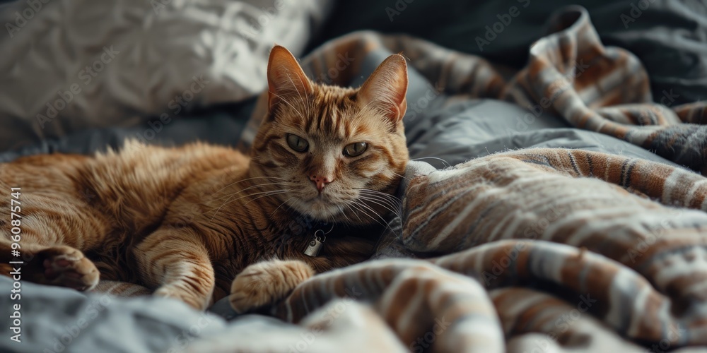 Lifelike, intricate indoor depiction of a cat resting on a bed, hesitant to rise, adorned with a collar featuring a noticeable tag, as the owner tries to entice them to come out. Lifelike, intricate indoor depiction of a cat resting on a bed, hesitant to rise, adorned with a collar featuring a noticeable tag, as the owner tries to entice them to come out.