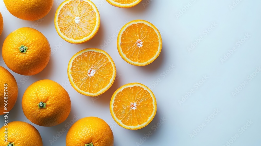 Fresh oranges, with some whole and some sliced, isolated on a white background, showcasing their bright color and premium quality Fresh oranges, with some whole and some sliced, isolated on a white background, showcasing their bright color and premium quality