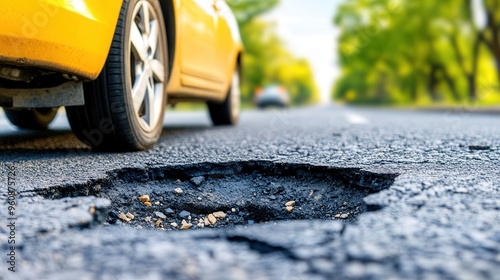 a car tire running over a pothole in the road of a city street, copy space photo