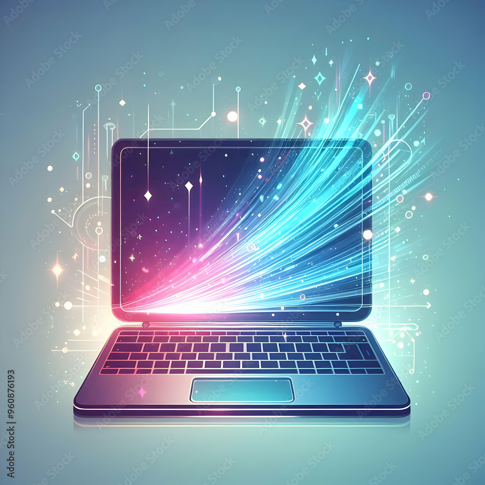 Modern Laptop with Holographic Data Streams: Flat Vector Illustration of Tech Savvy Design with Copy Space on Side. Business Concept. Modern Laptop with Holographic Data Streams: Flat Vector Illustration of Tech Savvy Design with Copy Space on Side. Business Concept.