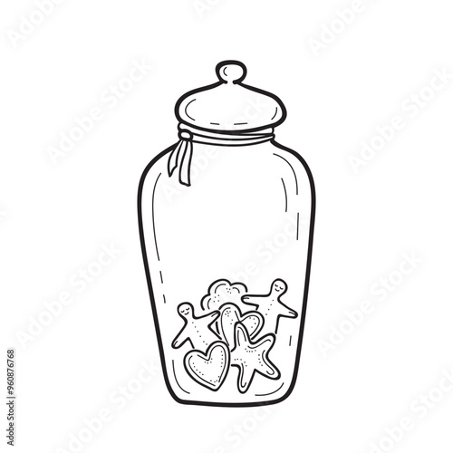 Glass jar with ginger cookies of different shapes in doodle engraved sketch style. Container for storing in kitchen or cafe with homemade biscuits inside. Christmas gift.