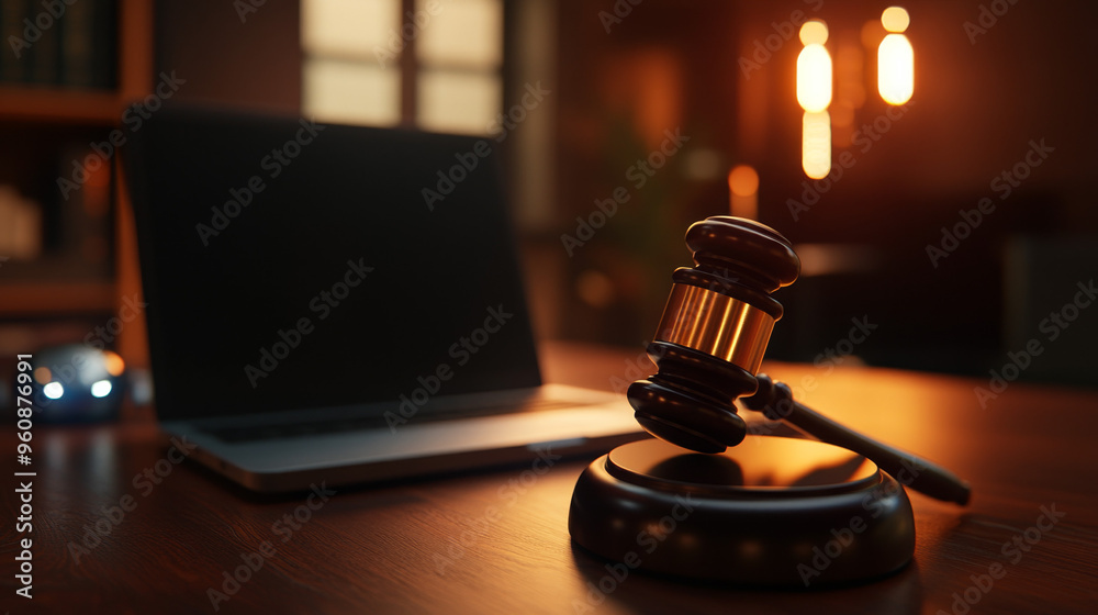 A judge's gavel striking a desk with a laptop computer in the background, for a justice and legal court concept A judge's gavel striking a desk with a laptop computer in the background, for a justice and legal court concept
