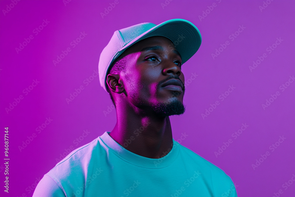 Trendsetting Men in Mountain Green Cap with Solid Neon Purple Background Fashionable Portrait with Modern Appeal