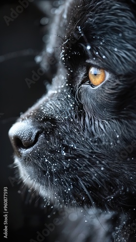 Close-up Portrait of a Wet Black Dog with Striking Eyes