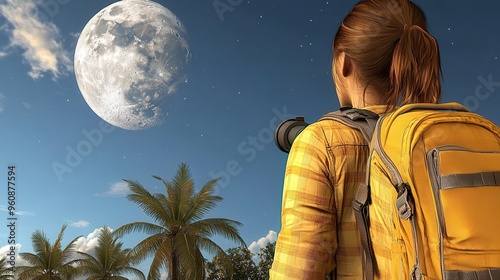 yellow colored telescope on a tripod stand, woman with backpack looking at a full moon