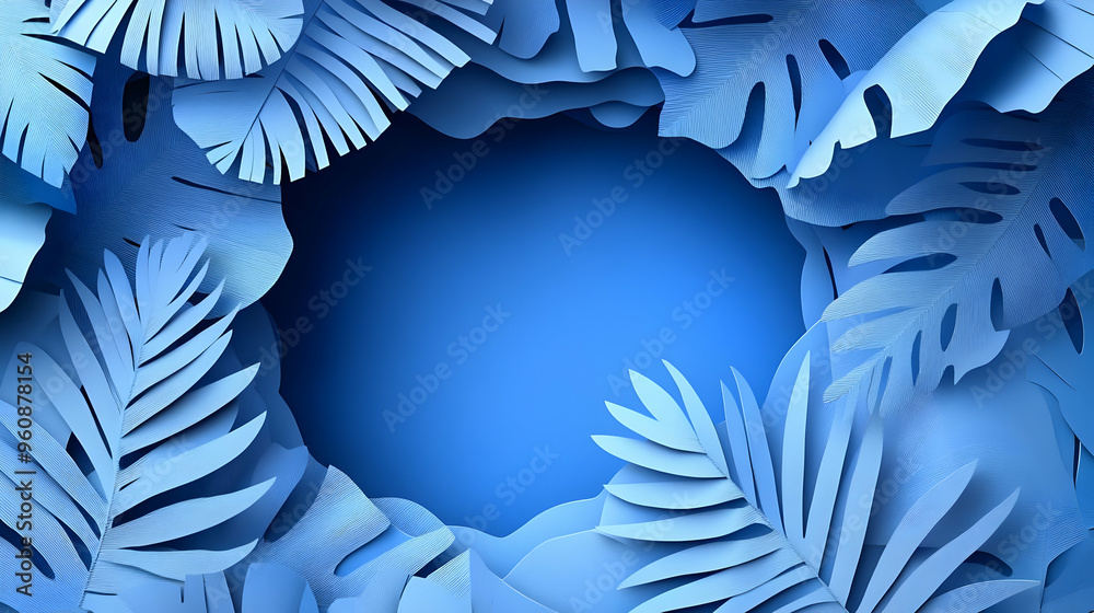 Blue Tropical Leaves Paper Cut Background Blue Tropical Leaves Paper Cut Background