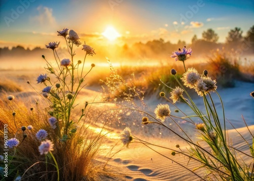 Fototapeta Naklejka Na Ścianę i Meble -  Ethereal morning landscape with dew-kissed wildflowers swaying gently in the breeze, casting delicate silhouettes on a warm sandy dune background