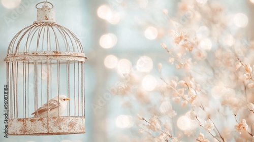 A delicate white bird perched in a vintage birdcage amidst soft pastel colors.