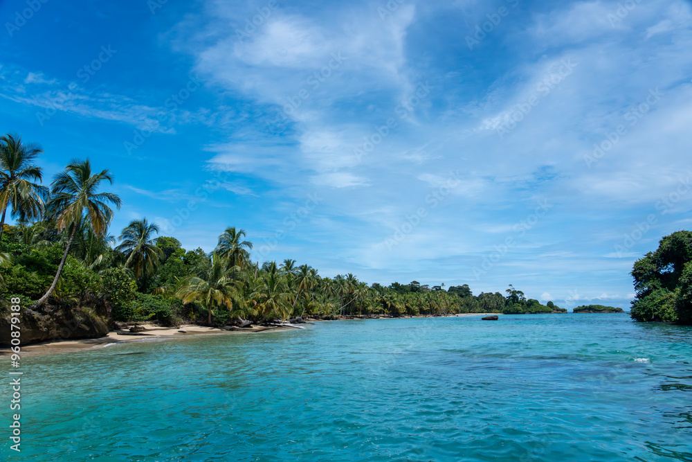 Clear Blue Water and Scenic Tropical Beach Surrounded by Palm Trees and Lush Nature - A Serene Island Paradise Offering Eco-Tourism and Adventure Travel in a Remote, Unspoiled Caribbean Destination Clear Blue Water and Scenic Tropical Beach Surrounded by Palm Trees and Lush Nature - A Serene Island Paradise Offering Eco-Tourism and Adventure Travel in a Remote, Unspoiled Caribbean Destination