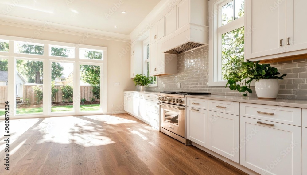 Bright, open kitchen with light wood cabinets and a grey tile backsplash Bright, open kitchen with light wood cabinets and a grey tile backsplash