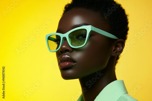 Trendsetting Woman in Mountain Green Eyewear with Solid Neon Yellow Background Fashion Portrait