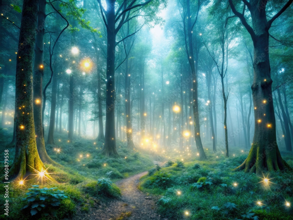 Fototapeta premium dreamy silver nanoparticles misty forest glows soft ethereal light mystical atmosphere surreal landscape