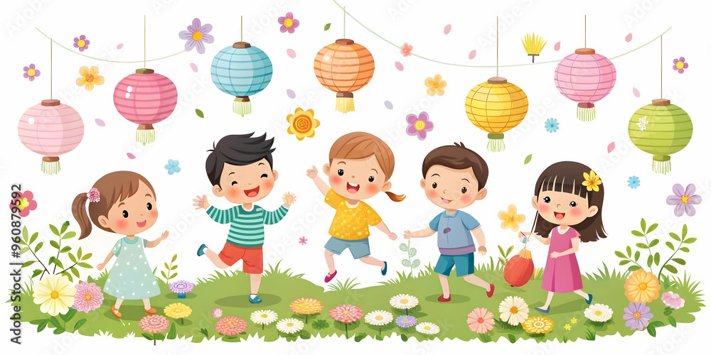 Flat Children Playing in Garden | Mid Autumn Festival Joy with Lanterns & Flowers | Simple Business Vector Illustration Flat Children Playing in Garden | Mid Autumn Festival Joy with Lanterns & Flowers | Simple Business Vector Illustration