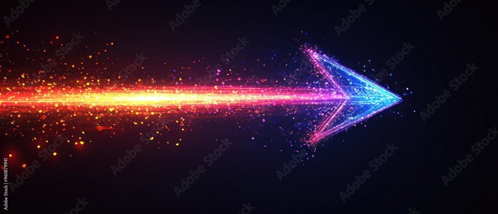 A colorful arrow made of glowing light beams, pointing right at the center on a black background.. A colorful arrow made of glowing light beams, pointing right at the center on a black background..