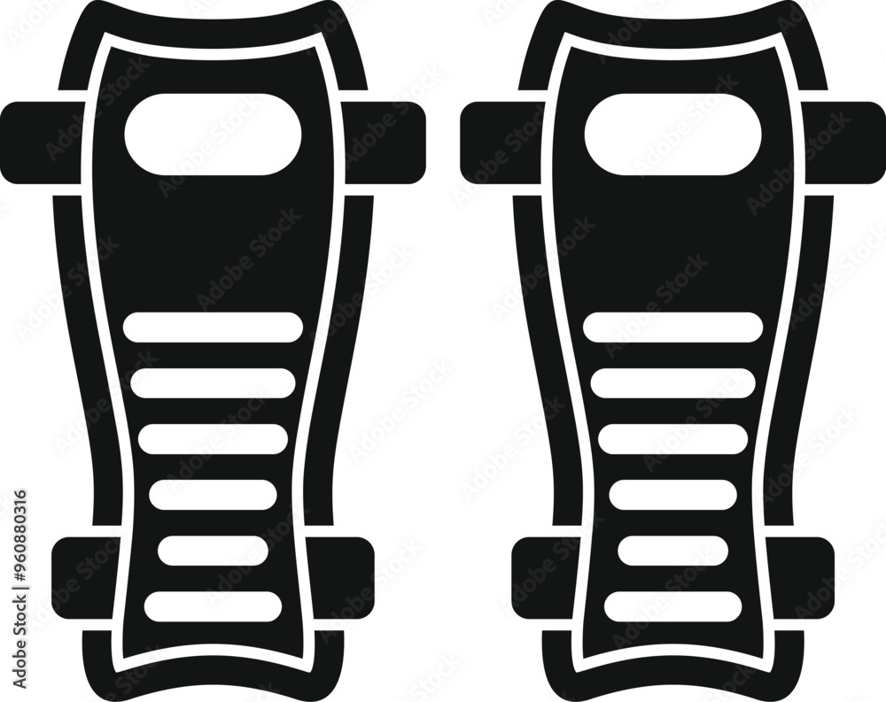 Black glyph icon for a pair of football shin guards, essential protective gear for players' legs Black glyph icon for a pair of football shin guards, essential protective gear for players' legs