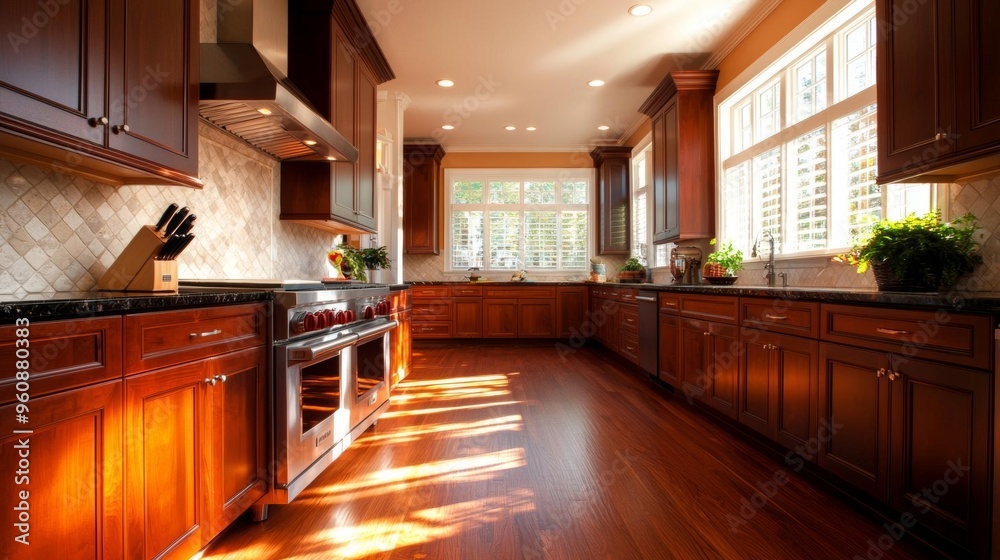 Luxe kitchen with dark cherry wood cabinets and a mirrored gold backsplash, exuding opulence Luxe kitchen with dark cherry wood cabinets and a mirrored gold backsplash, exuding opulence