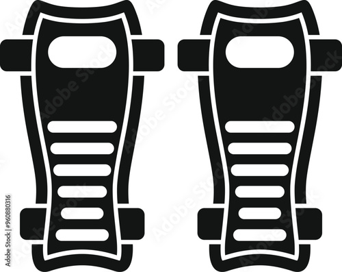 Black glyph icon for a pair of football shin guards, essential protective gear for players' legs