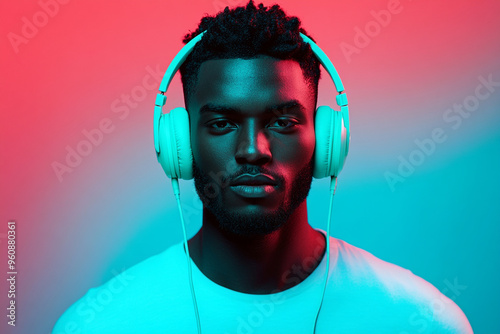 Stylish Men in Mountain Green Headphones with Solid Neon Blue Background Modern Fashion Portrait