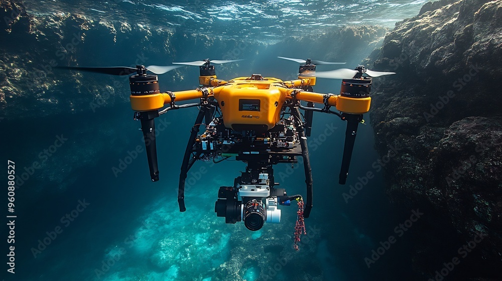 Underwater research drone collecting samples from a hydrothermal vent at the ocean floor