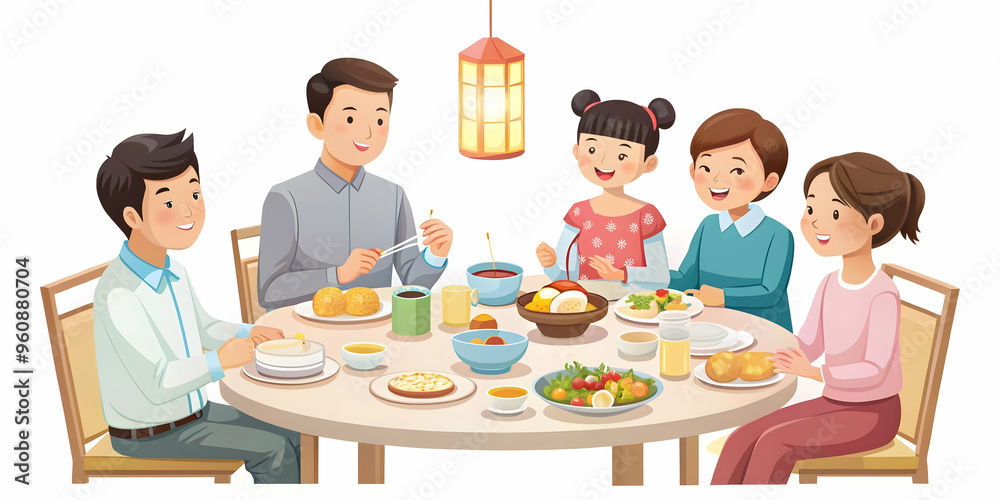 Flat Vector Illustration: Happy Family Gathering for Mid Autumn Festival Meal � Joyful Moments of Togetherness and Shared Dishes in Smart Business Style, Overhead Shot Flat Vector Illustration: Happy Family Gathering for Mid Autumn Festival Meal � Joyful Moments of Togetherness and Shared Dishes in Smart Business Style, Overhead Shot