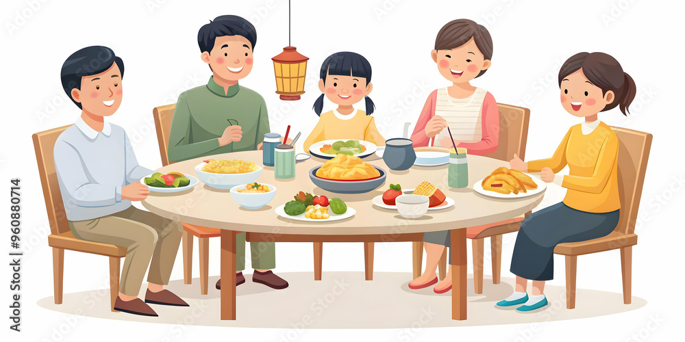 Flat Vector Illustration: Family Bonding Over Mid Autumn Festival Meal - Warmth and Togetherness Captured in Shared Dishes and Lively Conversations, Overhead Shot of Table Setting Flat Vector Illustration: Family Bonding Over Mid Autumn Festival Meal - Warmth and Togetherness Captured in Shared Dishes and Lively Conversations, Overhead Shot of Table Setting