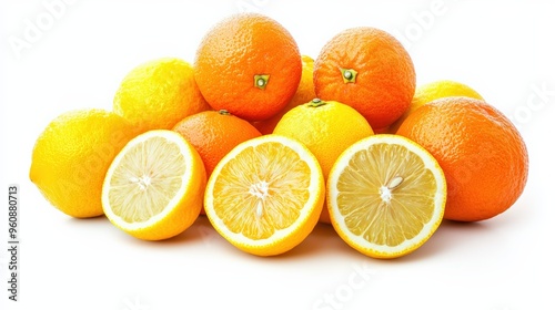 High-quality oranges and lemons, freshly picked, isolated on a white background, vibrant and juicy