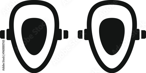Simple black and white vector icon set representing a wall mounted urinal in empty and full state