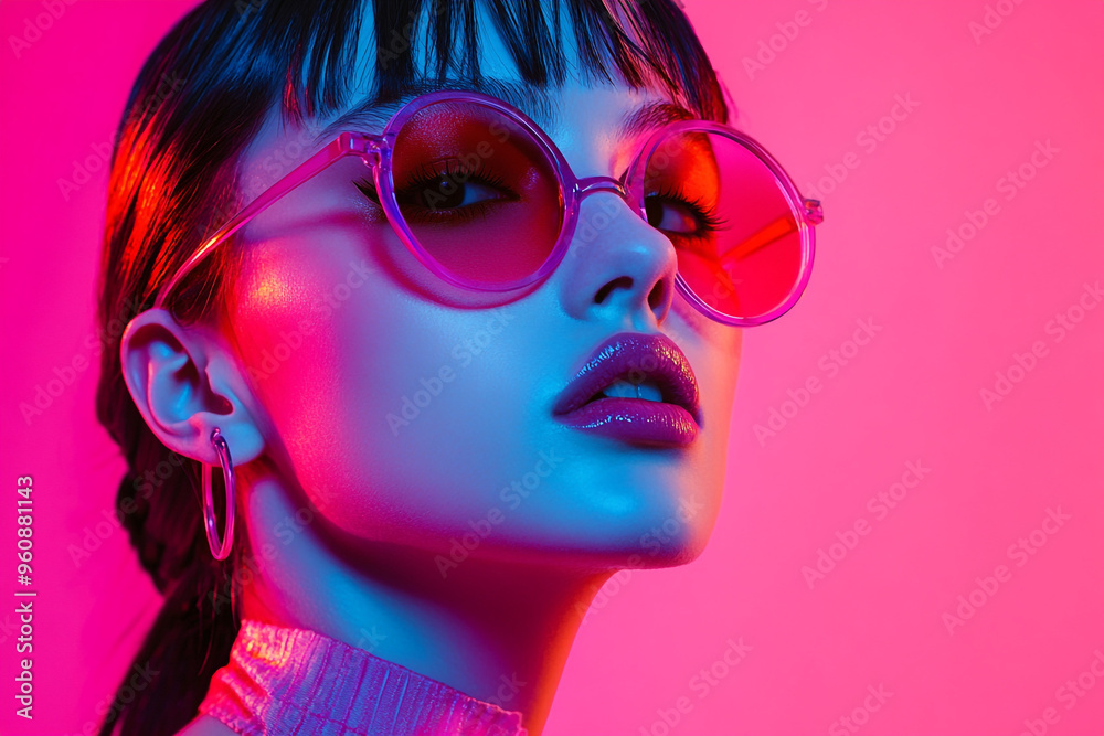 Modern Woman in Avant Grade Outfit with Solid Neon Pink Background Trendsetting Portrait Modern Woman in Avant Grade Outfit with Solid Neon Pink Background Trendsetting Portrait