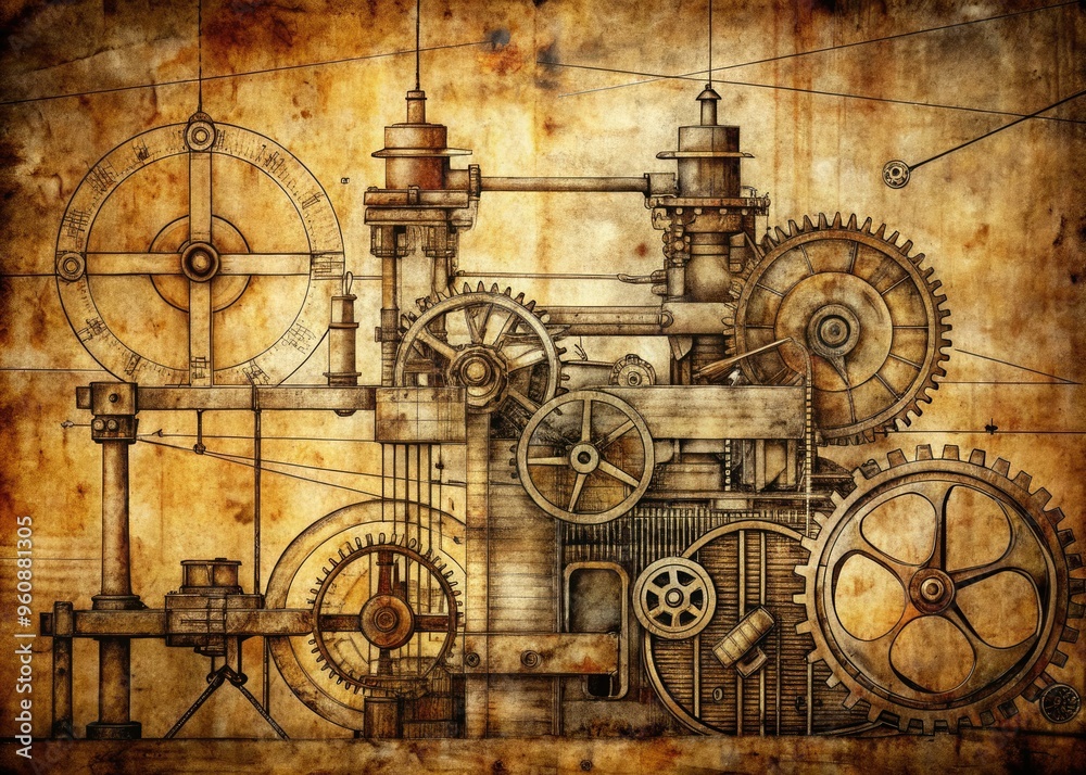 Fototapeta premium rustic distressed mechanical line art nostalgia