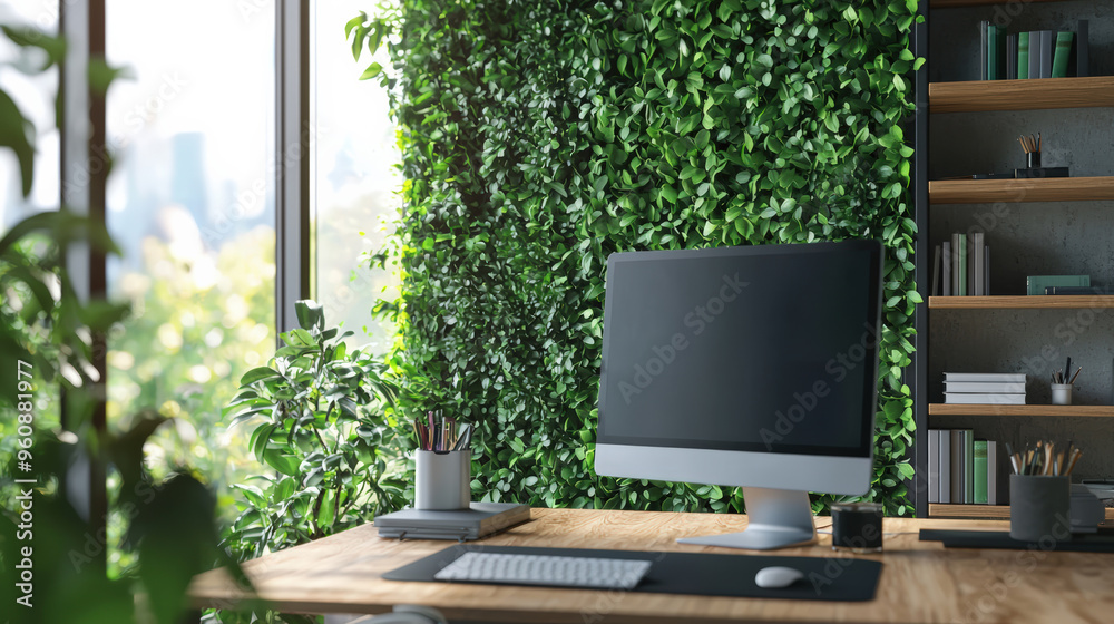 Fototapeta premium Home office with energy-efficient computers and smart energy management systems, focusing on sustainability