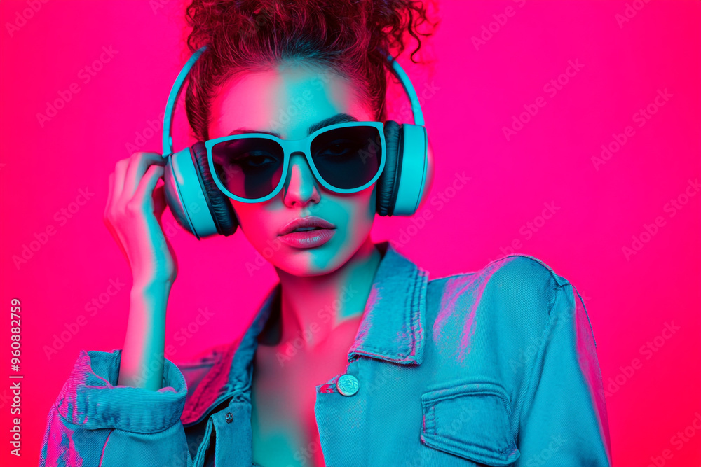 Stylish Woman in Neon Teal Headphones with Solid Neon Pink Background Modern Fashion Portrait Stylish Woman in Neon Teal Headphones with Solid Neon Pink Background Modern Fashion Portrait