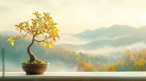 Bonsai tree with colorful autumn leaves placed on a windowsill, overlooking a misty mountain landscape with soft morning light.