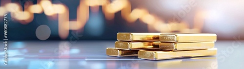 gold bars with a blurred financial chart in the background, symbolizing wealth and investment opportunities.