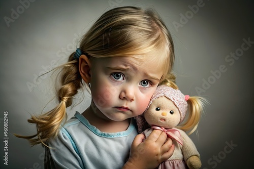 heartwarming portrait of little girl's tearful gaze fixated on dropped beloved doll, set against neutral background, highlighting universal childhood experience of loss photo