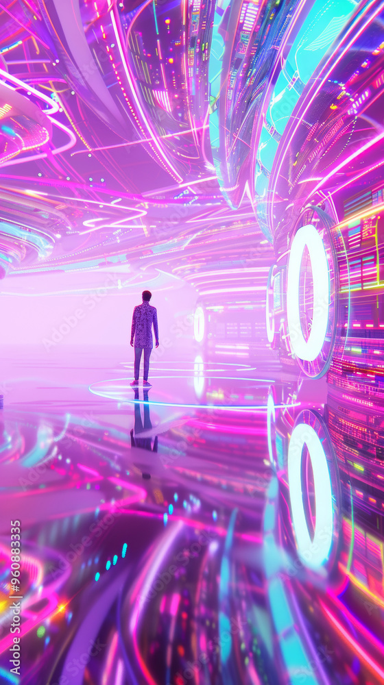 3D person silhouette stands in empty futuristic virtual reality space with glowing holographic curve neon lines and digital interfaces cyberpunk sci-fi fashion technology pink fun park poster 3D person silhouette stands in empty futuristic virtual reality space with glowing holographic curve neon lines and digital interfaces cyberpunk sci-fi fashion technology pink fun park poster