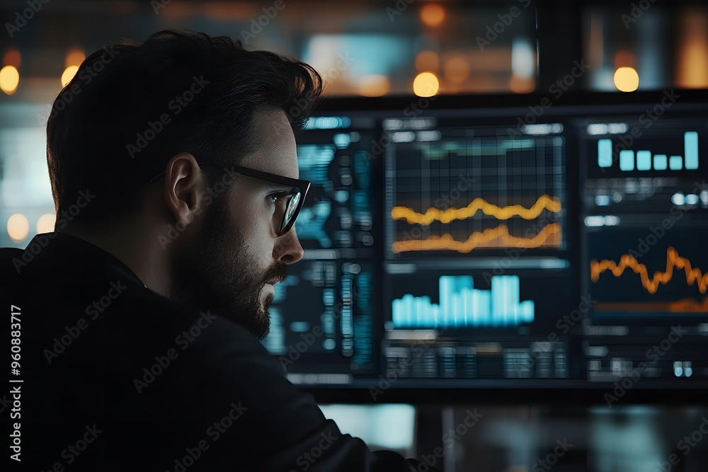 Man in Glasses Analyzing Financial Data on a Computer Screen Man in Glasses Analyzing Financial Data on a Computer Screen