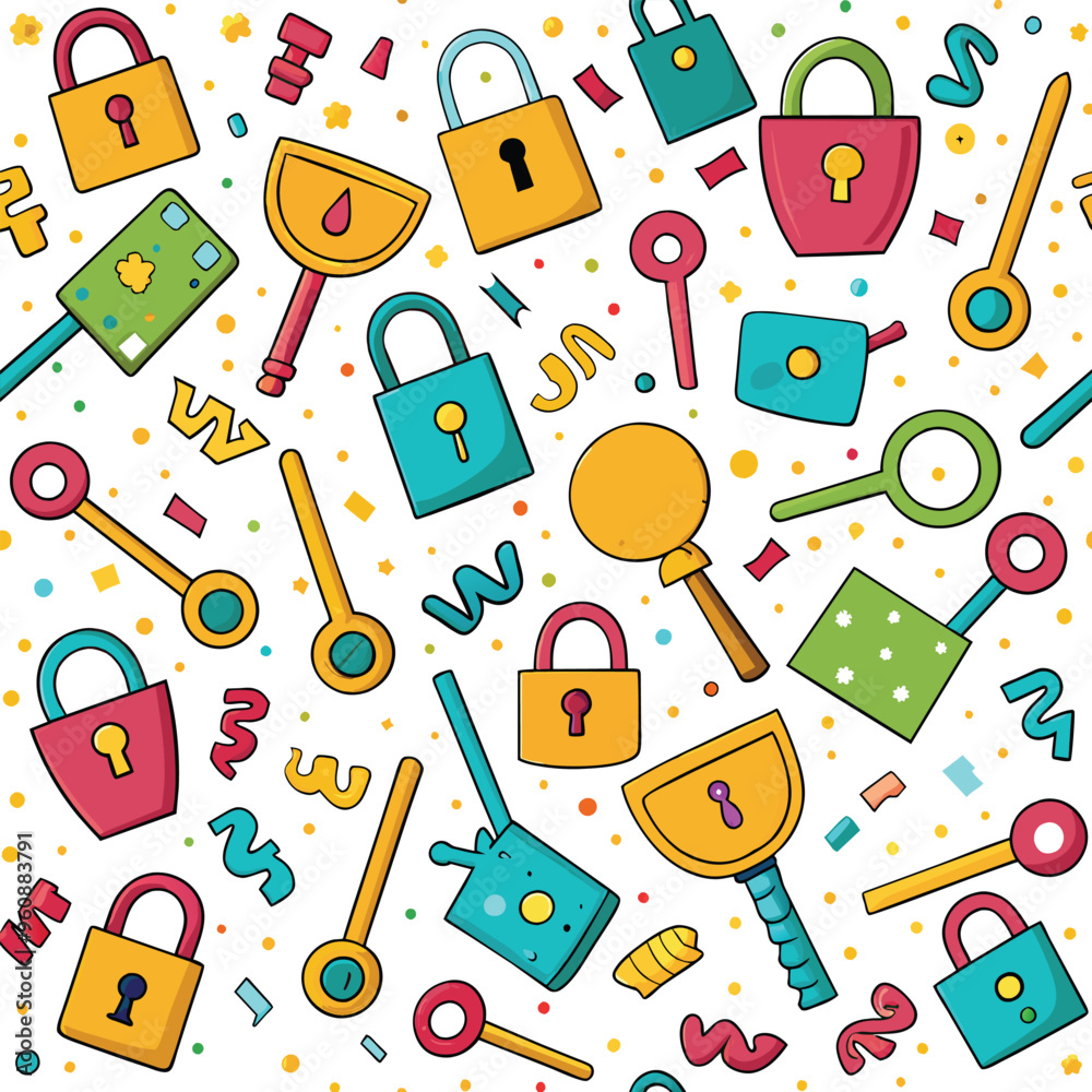 A lively pattern showcases assorted keys and locks surrounded by playful confetti creating a joyful ambiance ideal for parties and creative designs A lively pattern showcases assorted keys and locks surrounded by playful confetti creating a joyful ambiance ideal for parties and creative designs