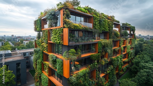 Urban landscape showing biointegrated architecture with buildings covered in living plant walls photo