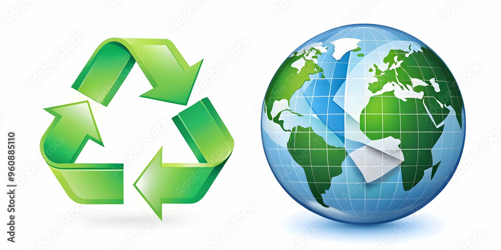 Flat Glossy Recycle Symbol and Globe with Holographic Sustainability Metrics - Smart Business Concept in Simple Vector Illustration with Copy Space Flat Glossy Recycle Symbol and Globe with Holographic Sustainability Metrics - Smart Business Concept in Simple Vector Illustration with Copy Space