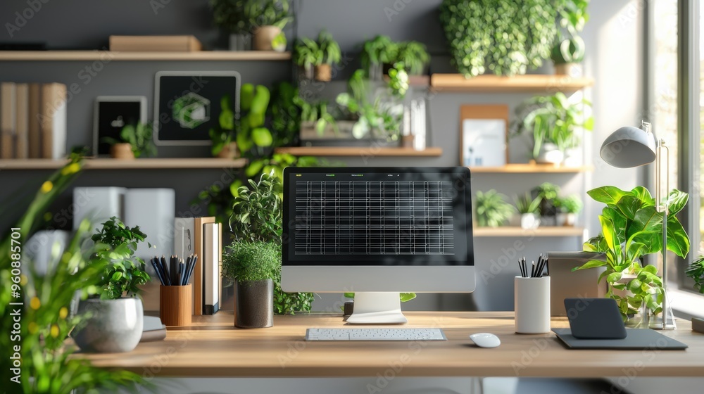Home office with smart home integration and solar-powered gadgets, promoting sustainability Home office with smart home integration and solar-powered gadgets, promoting sustainability