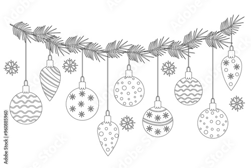 Garland with Christmas ornaments or baubles decorated with patterns. Contour drawing vector illustration isolated on white. Black outline. Great for coloring, Xmas and New year greeting cards