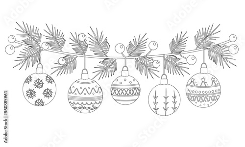 Garland with Christmas ornaments or baubles decorated with patterns. Contour drawing vector illustration isolated on white. Black outline. Great for coloring, Xmas and New year greeting cards
