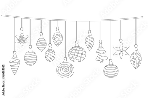 Garland with Christmas ornaments or baubles decorated with patterns. Contour drawing vector illustration isolated on white. Black outline. Great for coloring, Xmas and New year greeting cards
