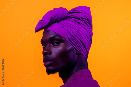 Modern Men in Neon Purple Head Wrap with Solid Neon Orange Background Bold Fashion Portrait