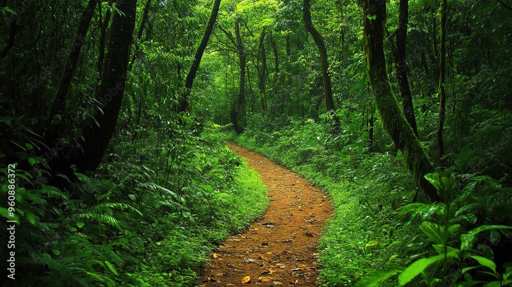 Fototapeta premium path through a dense, green forest, where the abundance of foliage creates a calming, immersive natural environment