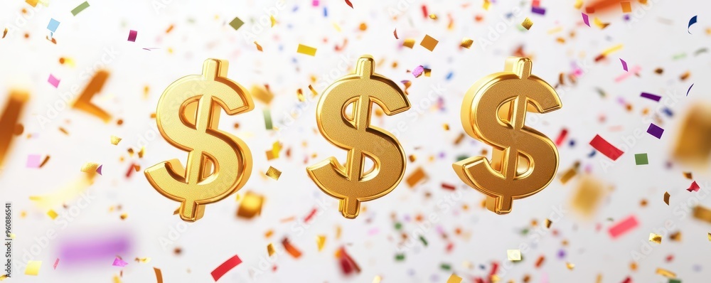 Pay day banner, golden dollar signs with confetti, payday celebration, 3D illustration Pay day banner, golden dollar signs with confetti, payday celebration, 3D illustration