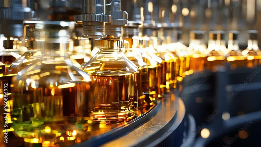 several bottles with golden liquid on the production line in a perfume factory several bottles with golden liquid on the production line in a perfume factory