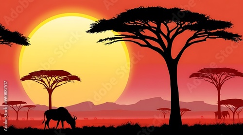 African Sunrise Landscape with Silhouetted Wildlife and Acacia Trees Against Vibrant Morning Sky, Perfect for Nature and Wildlife Enthusiasts Seeking Stunning Safari Imagery